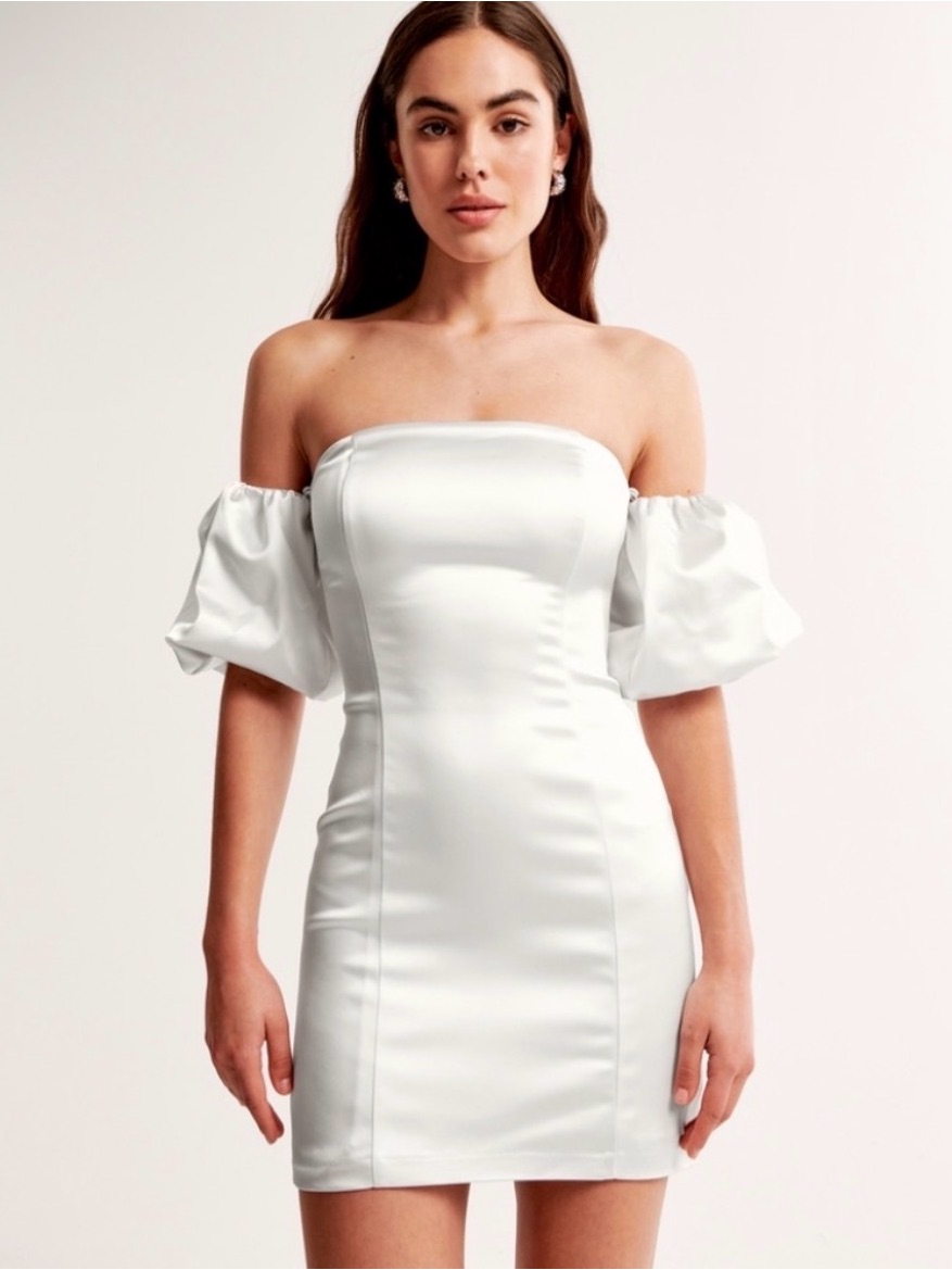 Abercrombie Fitch Bridal Bachelorette White Pearl Satin Mini Dress Puff Sleeves